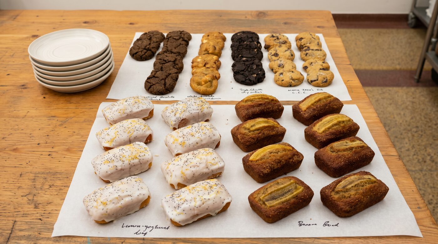 A table of baked goods on parchment: cookies, iced lemon loaves, and banana bread ready to share.