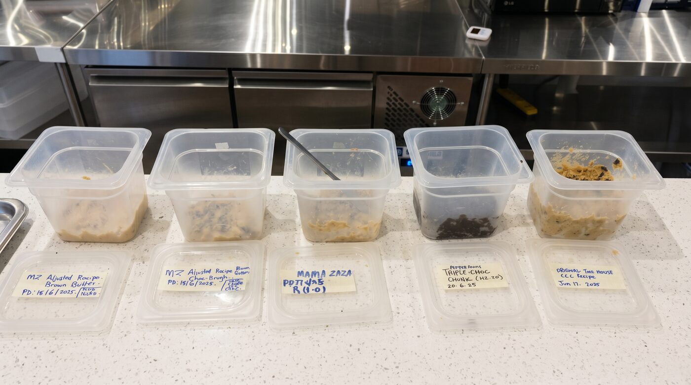 Labelled tubs of cookie dough lined up on the prep counter, each marked with its recipe and date.