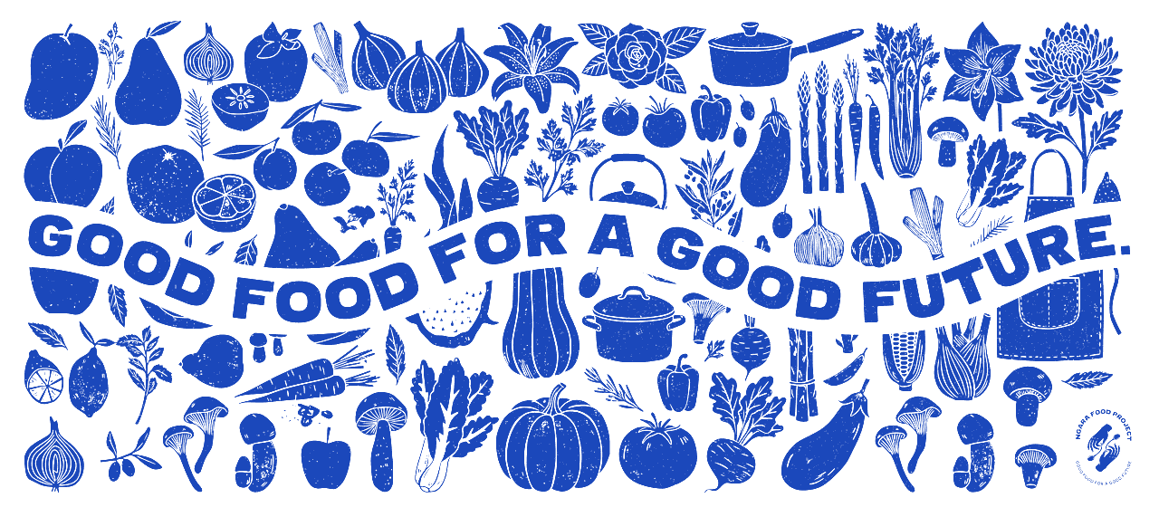 Good food for a good future &mdash; the Ngara Food Projects linocut pattern: fruits, vegetables, and kitchen tools printed in blue ink on the page.